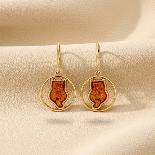 Kolczyki srebrne pozłacane z bursztynem - Koty