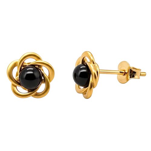 KOLCZYKI ZŁOTE z ONYKSEM – KWIATKI – SREBRO POZŁACANE 925