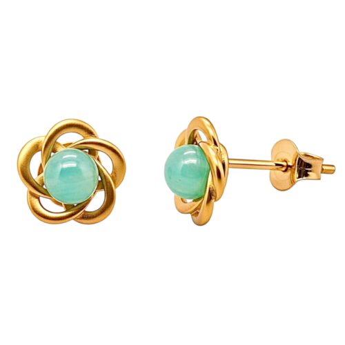 KOLCZYKI ZŁOTE z AGATEM AQUA – KWIATKI – SREBRO POZŁACANE 925