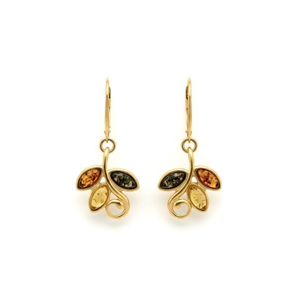 Kolczyki złote wielokolorowe z bursztynem - wiszące - srebro pozłacane