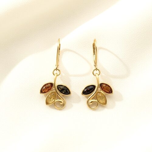 Kolczyki złote wielokolorowe z bursztynem - wiszące - srebro pozłacane