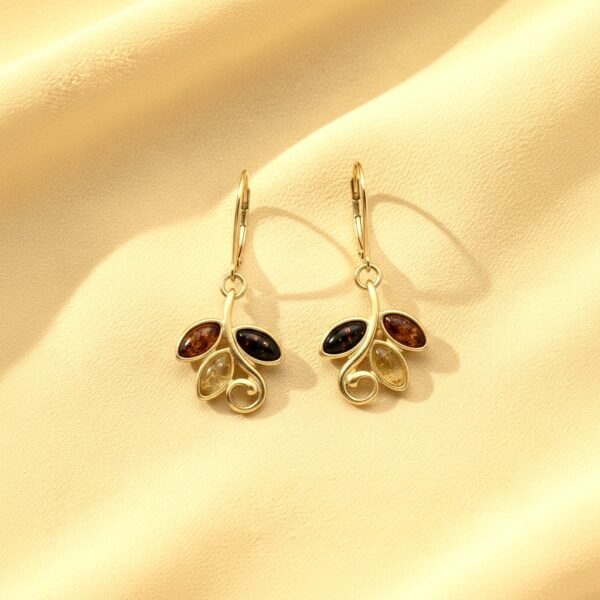 Kolczyki złote wielokolorowe z bursztynem - wiszące - srebro pozłacane