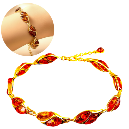 Elegancka bransoletka srebro pozłacane 925 z naturalnym bursztynem bałtyckim | Regulowana