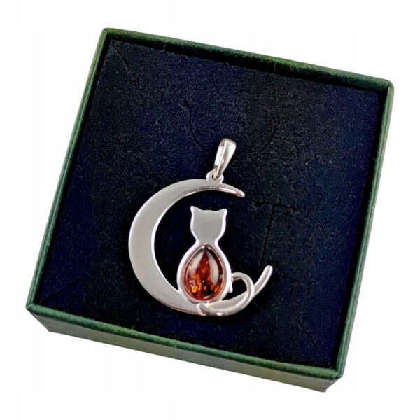 055d6b6b50931297cd304200639cf4f9.jpg WISIOREK SREBRNY z CERTYFIKOWANYM Bursztynem KOT NA KSIĘŻYCU Piękny Śliczny