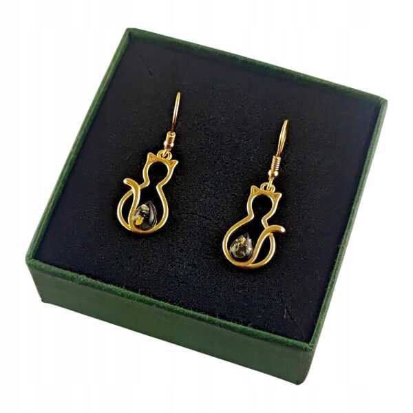 Kolczyki złote koty z bursztynem - bigiel otwarty - srebro 925 - śliczne