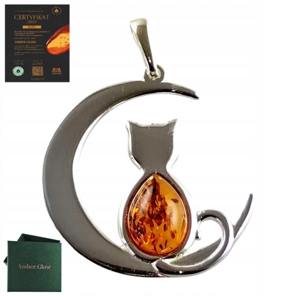 0e869e19fd36006f01342c1ca8fe899f.jpg WISIOREK SREBRNY z CERTYFIKOWANYM Bursztynem KOT NA KSIĘŻYCU Piękny Śliczny