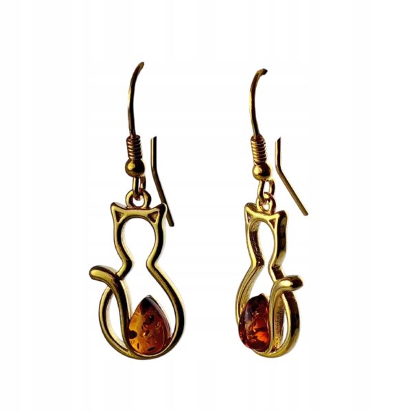 Kolczyki złote koty z bursztynem - bigiel otwarty - srebro 925 - śliczne