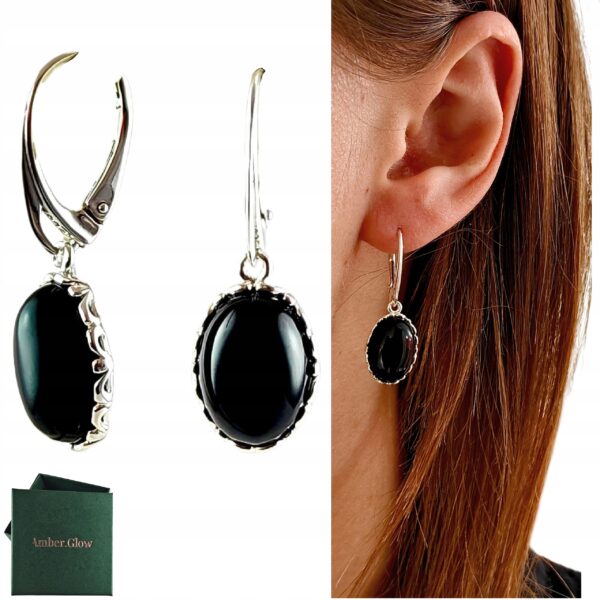 KOLCZYKI SREBRNE z ONYKSEM DELIKATNE PIĘKNE WISZĄCE ZAPIĘCIE ANGIELSKIE