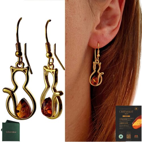 369d18e5e251b5ca2083e16f3dcf9fb1.jpg Kolczyki złote koty z bursztynem - bigiel otwarty - srebro 925 - śliczne