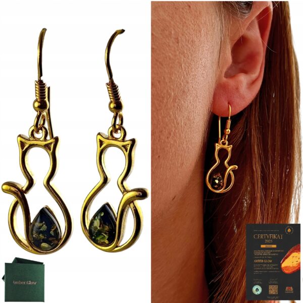 Kolczyki złote koty z bursztynem - bigiel otwarty - srebro 925 - śliczne