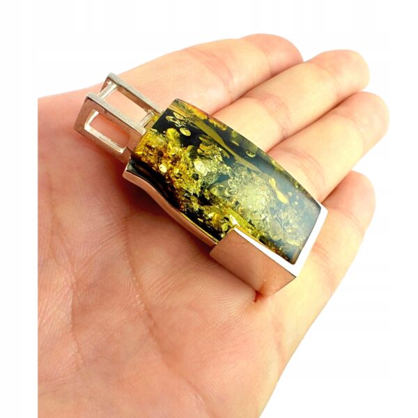 Niepowtarzalny wisiorek srebrny z dużym zielonym bursztynem - unikat - Srebro 925