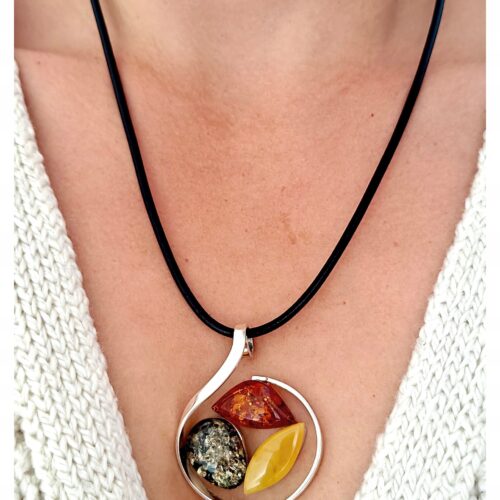 Niepowtarzalny wisiorek srebrny z bursztynem - unikat - Srebro 925 - MIX Koniak Zielony Mleczny