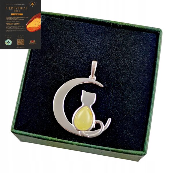 5c3878b1b62ee95a15f95729c05314cd.jpg WISIOREK SREBRNY z CERTYFIKOWANYM Bursztynem KOT NA KSIĘŻYCU Piękny Śliczny