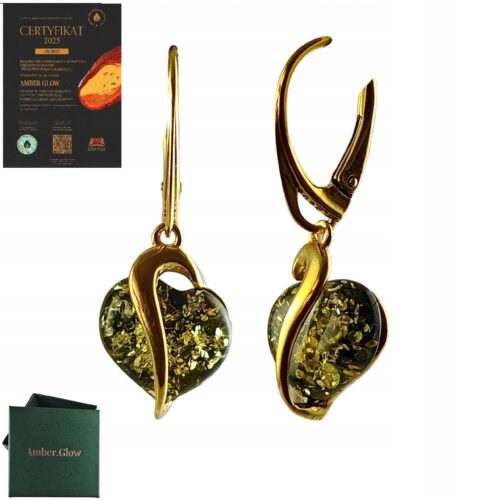 63e737650cfb8f119e656ff170e1b2e1.jpg Kolczyki srebrne pozłacane serduszka z bursztynem - wiszące