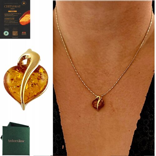 Wisiorek złoty serce serduszko z bursztynem - Srebro pozłacane 925