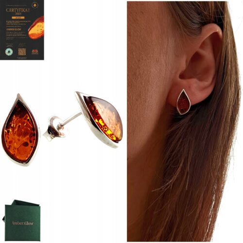 Kolczyki srebrne z bursztynem - klasyczne - srebro 925 - sztyft