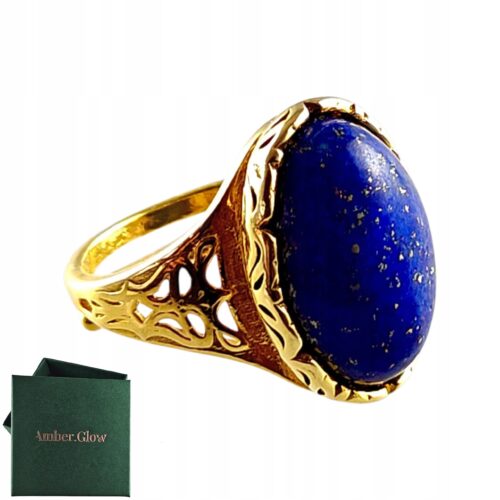 ZŁOTY PIERŚCIONEK Regulowany z LAPISEM PIĘKNY ELEGANCKI SREBRO Pozłacane