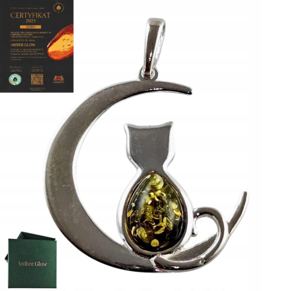 7c6acf139adb914b9c5ee8593814faf3.jpg WISIOREK SREBRNY z CERTYFIKOWANYM Bursztynem KOT NA KSIĘŻYCU Piękny Śliczny