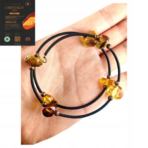 Bransoletka srebrna ze stali z certyfikowanym bursztynem - regulowana