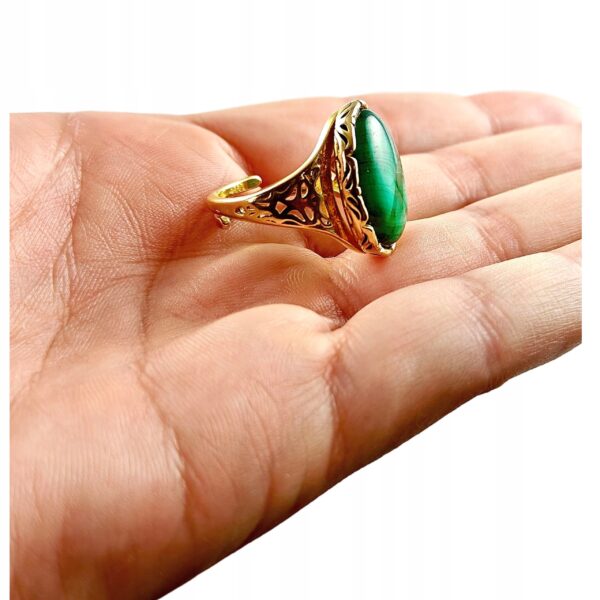 8b452f7553dda1e6dee6e176a949191e.jpg ZŁOTY PIERŚCIONEK Regulowany z MALACHITEM PIĘKNY ELEGANCKI SREBRO Pozłacane