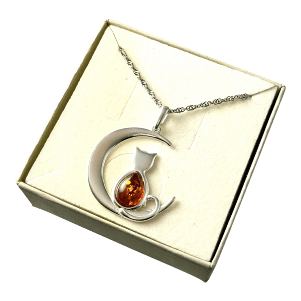 WISIOREK SREBRNY z CERTYFIKOWANYM Bursztynem KOT NA KSIĘŻYCU Piękny Śliczny