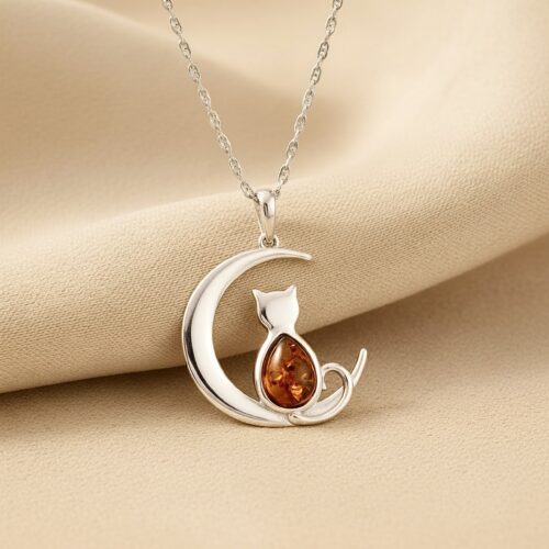 Photoroom_20260121_121235 WISIOREK SREBRNY z CERTYFIKOWANYM Bursztynem KOT NA KSIĘŻYCU Piękny Śliczny