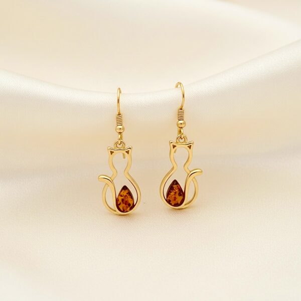 Kolczyki złote koty z bursztynem - bigiel otwarty - srebro 925 - śliczne