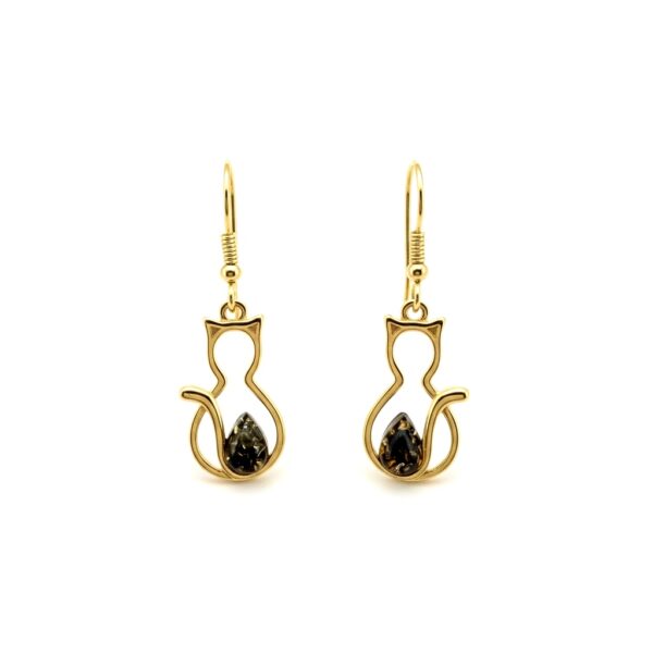 Kolczyki złote koty z bursztynem - bigiel otwarty - srebro 925 - śliczne