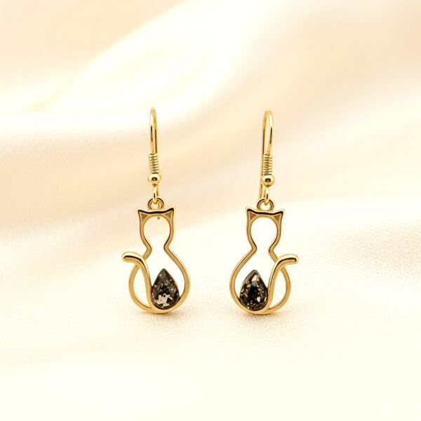 Kolczyki złote koty z bursztynem - bigiel otwarty - srebro 925 - śliczne