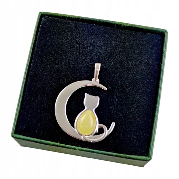 a2036159a695567cfea4cd46444b1a54.jpg WISIOREK SREBRNY z CERTYFIKOWANYM Bursztynem KOT NA KSIĘŻYCU Piękny Śliczny