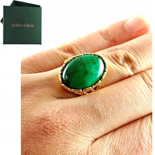 ZŁOTY PIERŚCIONEK Regulowany z MALACHITEM PIĘKNY ELEGANCKI SREBRO Pozłacane