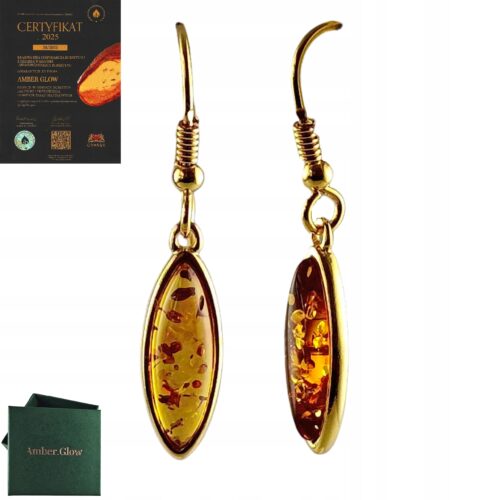 b44f4e77b96b5229aa1d262ad7786cf2.jpg KOLCZYKI ZŁOTE z CERTYFIKOWANYM Bursztynem Długie Bigiel Srebro POZŁACANE