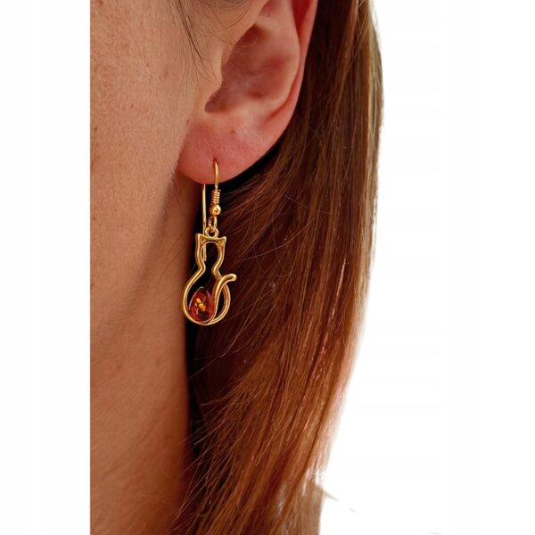 Kolczyki złote koty z bursztynem - bigiel otwarty - srebro 925 - śliczne