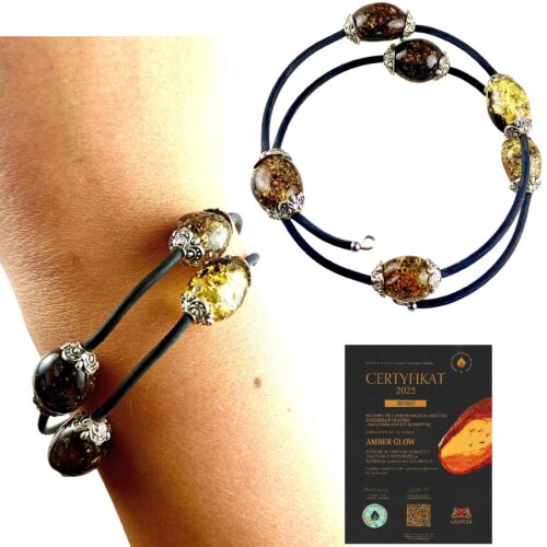 Bransoletka srebrna ze stali z certyfikowanym bursztynem - regulowana