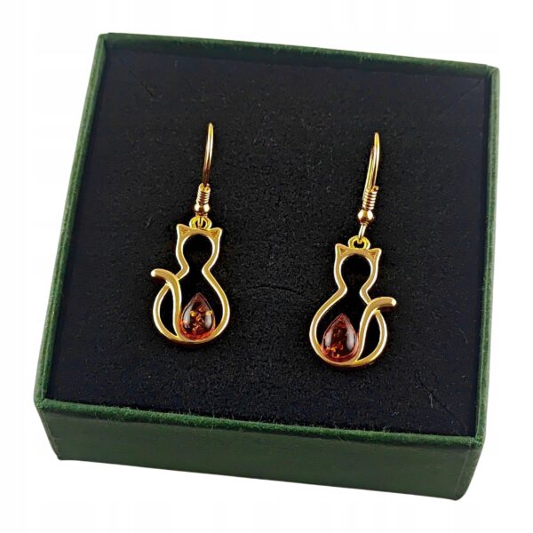 Kolczyki złote koty z bursztynem - bigiel otwarty - srebro 925 - śliczne