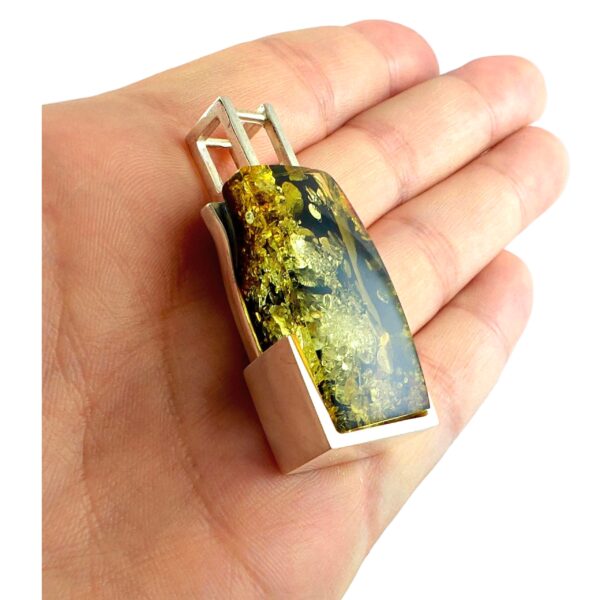 Niepowtarzalny wisiorek srebrny z dużym zielonym bursztynem - unikat - Srebro 925