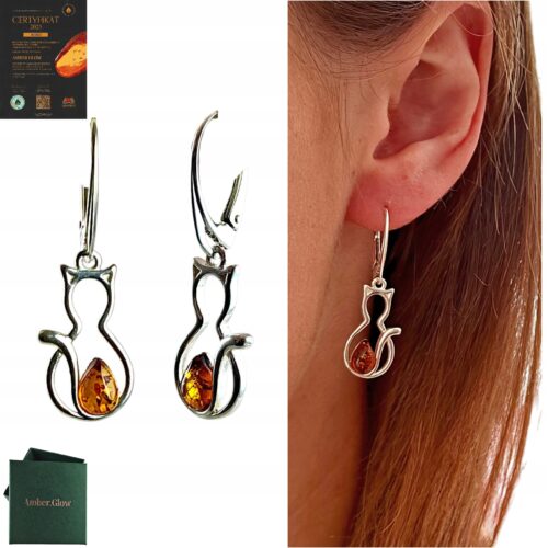 edc121a06e4c3050ba7efd8b59054f48.jpg Kolczyki srebrne z bursztynem koty - zapięcie angielskie - srebro 925