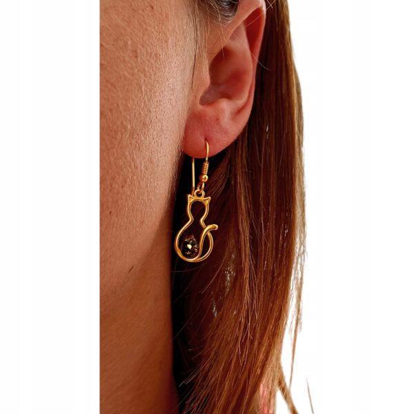 Kolczyki złote koty z bursztynem - bigiel otwarty - srebro 925 - śliczne