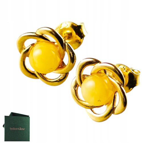 Kolczyki srebrne pozłacane z bursztynem