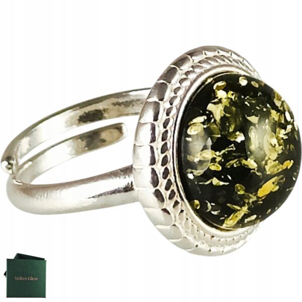 Pierścionek srebrny z bursztynem - okrągły