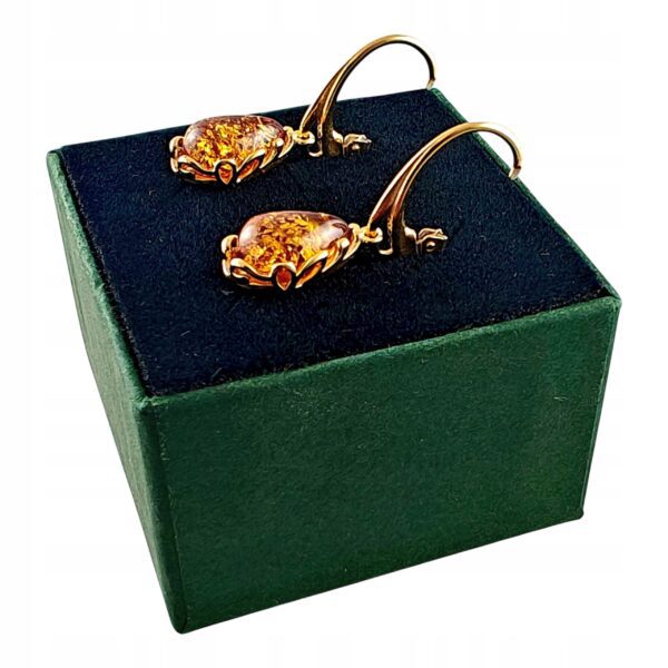 KOLCZYKI ZŁOTE z CERTYFIKOWANYM Bursztynem WISZĄCE PIĘKNE Srebro Pozłacane