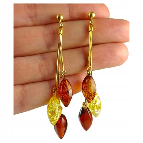 Kolczyki złote z bursztynem - piękne wiszące kolczyki na sztyft - srebro pozłacane