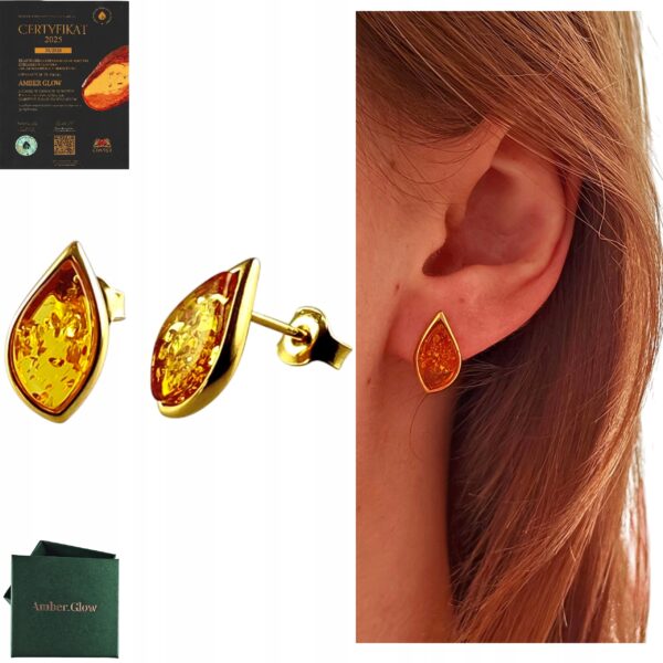 KOLCZYKI ZŁOTE Z CERTYFIKOWANYM BURSZTYNEM KLASYCZNE SREBRO POZŁACANE 925