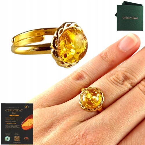 PIERŚCIONEK ZŁOTY MODNY z Bursztynem SREBRO 925 Pozłacane Regulowany PIĘKNY