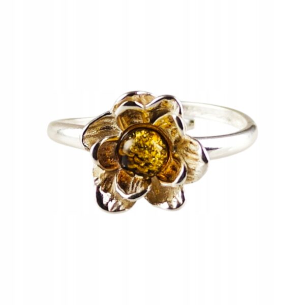 Pierścionek srebrny regulowany z zielonym bursztynem - kwiatek