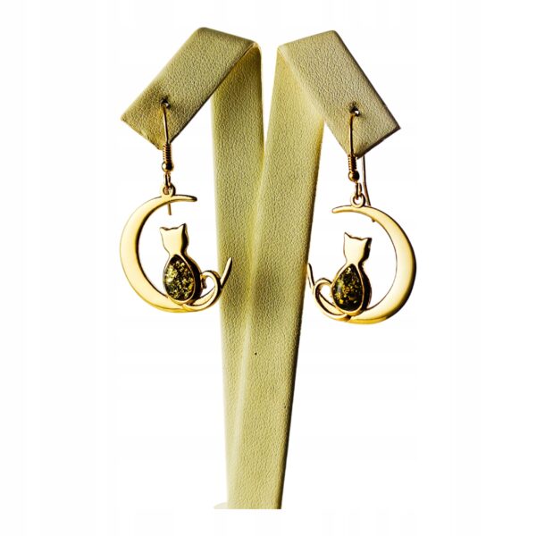 KOLCZYKI ZŁOTE KOT na KSIĘŻYCU z Bursztynem PIĘKNE Srebro Pozłacane Cert