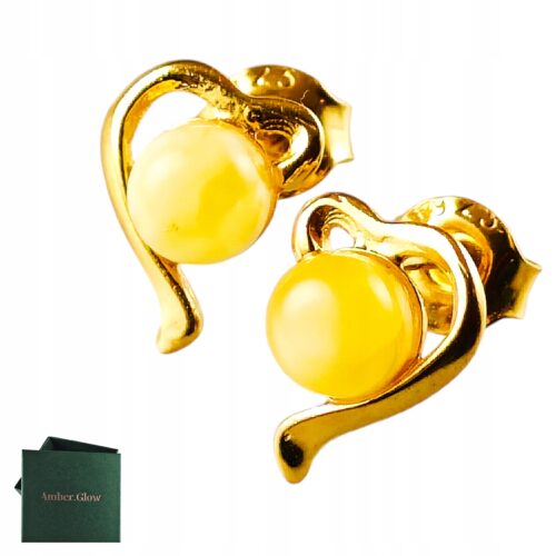 Kolczyki srebrne pozłacane serduszka z bursztynem
