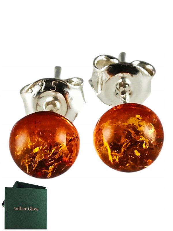 Kolczyki srebrne bursztynowe okrągłe - koniakowy bursztyn