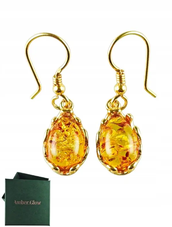 Kolczyki złote z bursztynem z koronkowym zdobieniem - srebro pozłacane