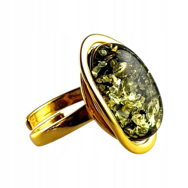 Pierścionek złoty regulowany z zielonym bursztynem - owalny klasyczny - srebro pozłacane